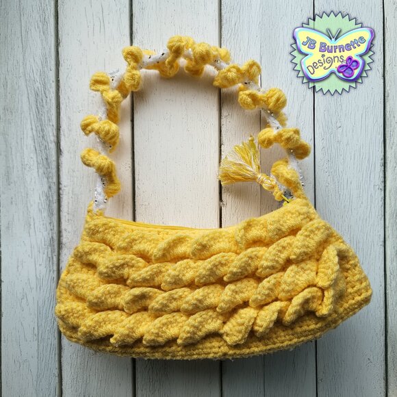 Handmade Yellow Crochet Scallop Handbag, Beaded Handle Spring Summer Purse - Picture 2 of 4